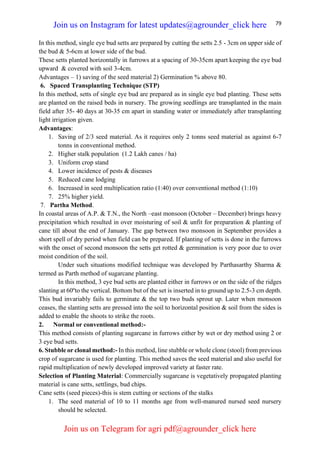 79
In this method, single eye bud setts are prepared by cutting the setts 2.5 - 3cm on upper side of
the bud & 5-6cm at lower side of the bud.
These setts planted horizontally in furrows at a spacing of 30-35cm apart keeping the eye bud
upward & covered with soil 3-4cm.
Advantages – 1) saving of the seed material 2) Germination % above 80.
6. Spaced Transplanting Technique (STP)
In this method, setts of single eye bud are prepared as in single eye bud planting. These setts
are planted on the raised beds in nursery. The growing seedlings are transplanted in the main
field after 35- 40 days at 30-35 cm apart in standing water or immediately after transplanting
light irrigation given.
Advantages:
1. Saving of 2/3 seed material. As it requires only 2 tonns seed material as against 6-7
tonns in conventional method.
2. Higher stalk population (1.2 Lakh canes / ha)
3. Uniform crop stand
4. Lower incidence of pests & diseases
5. Reduced cane lodging
6. Increased in seed multiplication ratio (1:40) over conventional method (1:10)
7. 25% higher yield.
7. Partha Method.
In coastal areas of A.P. & T.N., the North –east monsoon (October – December) brings heavy
precipitation which resulted in over moisturing of soil & unfit for preparation & planting of
cane till about the end of January. The gap between two monsoon in September provides a
short spell of dry period when field can be prepared. If planting of setts is done in the furrows
with the onset of second monsoon the setts get rotted & germination is very poor due to over
moist condition of the soil.
Under such situations modified technique was developed by Parthasarthy Sharma &
termed as Parth method of sugarcane planting.
In this method, 3 eye bud setts are planted either in furrows or on the side of the ridges
slanting at 60ºto the vertical. Bottom but of the set is inserted in to ground up to 2.5-3 cm depth.
This bud invariably fails to germinate & the top two buds sprout up. Later when monsoon
ceases, the slanting setts are pressed into the soil to horizontal position & soil from the sides is
added to enable the shoots to strike the roots.
2. Normal or conventional method:-
This method consists of planting sugarcane in furrows either by wet or dry method using 2 or
3 eye bud setts.
6. Stubble or clonal method:- In this method, line stubble or whole clone (stool) from previous
crop of sugarcane is used for planting. This method saves the seed material and also useful for
rapid multiplication of newly developed improved variety at faster rate.
Selection of Planting Material: Commercially sugarcane is vegetatively propagated planting
material is cane setts, settlings, bud chips.
Cane setts (seed pieces)-this is stem cutting or sections of the stalks
1. The seed material of 10 to 11 months age from well-manured nursed seed nursery
should be selected.
Join us on Instagram for latest updates@agrounder_click here
Join us on Telegram for agri pdf@agrounder_click here
 