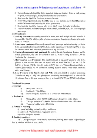 80
2. The seed material should be thick, succulent, juicy and healthy. The eye buds should
be green, well developed, thick prominent but not over mature.
3. Seed material should be free from pest and diseases.
4. Top 1/3 to 2/3 portion of cane should be used as seed material and it should be planted
within 24 hours after harvesting for better germination.
5. Seed material should be changed after every 4 to 5 years, for higher production.
6. The seed material should have higher water content, soluble N, P, K, and reducing sugar
percentage
Seed Treatment:
1. Soaking in water: By soaking the setts in water, the fresh weight of seed material is
increased by 2 to 4%, which results in better germination. Soak the seed material in water
for 12 to 24 hours.
2. Lime water treatment: If the seed material is of more age and showing dry eye buds.
Setts are soaked in limewater for 24hrs. Lime water is prepared by dissolving 500g of lime
in 180lit.of water. This improves germination of dry eye buds.
3. Mercurial compounds seed treatment: To protect the sets from fungal diseases and for
better germination, the setts are dipped in 100 lit. Water + 100g Bavistin + 300 ml
Malathion for 10 minutes.
4. Hot water/air seed treatment: This seed treatment is especially given to setts to be
planted in seed nursery. The setts are treated with hot water 50ºC for 2 hrs. or 52ºC for
half hrs or hot air 52ºC for 6hrs. Or moist air 54ºC for 4 hrs. This seed treatment helps to
control grassy shoot, red rot and ratoon stunting diseases and to some extent smut and
other viral diseases.
5. Seed treatment with Acetobactor and PSB: Setts are dipped in solution containing
Acetobactor 10kg + 2.5 kg PSB (phosphorus solublising bacteria) per 100 lit. of water for
30 minutes. Due to this seed treatment there is saving of 50% ‘N’ and 25 % P2o5 fertilizer.
Planting of Sugarcane
a. Spacing:-
i) Heavy soil: - 120cm
ii) Light soil:- 90 to 100cm
iii) Paired row/patta method:- 75 to 150cm OR 90 to 180cm
b. Seed rate:-
i) One eye bud setts:- 30,000/ha Distance between two setts:- 30cm
ii) Two eye bud setts:- 25,000/ha. Distance between two setts:- 15-20cm
iii) Three eye budded setts:- 25,000/ha
c. Method of Planting
i). Heavy Soil:- Dry method on ridges and furrow.
ii) Light Soil:- Wet method on ridges and furrow.
iii) Paired row/patta method.
d. Depth of planting:-
2.5 – 7.5 depending on soil type and method of planting. More depth of planting on
light to medium soil than in heavy soils.
Join us on Instagram for latest updates@agrounder_click here
Join us on Telegram for agri pdf@agrounder_click here
 