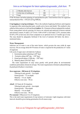 83
2. 2 Months after harvest 75 - -
3. At the time of earthing up 100 - -
4. Total 250 115 115
FYM 50 tonnes /ha before planting of seed production plot. Total fertilizer dose for sugarcane
seed production Plot: - 670:225:225 kg NPK/ha.
Crop logging or crop log technique:- This is the method of applying fertilizers and irrigation
to sugarcane after analyzing plant parts, usually active leaves and sheath. This method is also
called as foliar analysis or leaf and sheath indices. Dr. Clements in Hawaii adopted this method.
From young plants actively growing 4-6 leaves are selected and analyzed to known nutrient
and moisture content, N index 2.25 % P2O5 0.08 to 0.09 %, K2O index 2.25%, moisture index
83.85% (74% at harvest), have been computed as an optimum level at 3 months age of crop.
The crop should be adequately fertilized if the level of nutrients fall below the above –
mentioned status.
Water Management:
Judicious use of water is one of the main factors, which governs the cane yields & sugar
recovery. On an average about 60-70 tonnes of water is required for the production of 1 tonne
of sugarcane
Life cycle of sugar cane is divided into 4-phases
1. Germination phase (planting to 60th
day)
2. Formative phase (60th
day – 130th
day)
3. Grand growth phase (130th day – 250th
day)
4. Maturity phase (250-365th
day)
The water requirement of crop varies greatly with growth phase & environmental
conditions particularly climate & soil type. The water requirement at formative phase(tillering)
& grand growth phase is maximum.
Suru sugarcane - 280 hacm & 32 irrigations.
Tillering & early growth – 5cm depth
Grand growth – 7.5 cm depth
Maturity – 5.6 cm depths
Effective root zone – 90 cm
Adsali: 415 hacm & 38 irrigations
Tillering & early growth – 6cm depth
Grand growth – 10cm depth
Maturity – 5-6 cm depth
Effective root zone - 90 cm.
Pre-seasonal: 350hacm & 32 to 35 irrigations.
This is the total water requirement of crop inclusive of rainwater. Light irrigations with short
intervals should be given during germination for all season crops.
Join us on Instagram for latest updates@agrounder_click here
Join us on Telegram for agri pdf@agrounder_click here
 