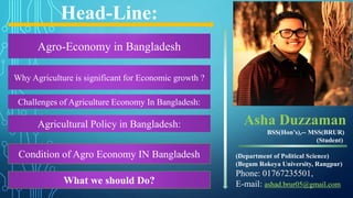 Agro-Economy in Bangladesh
Why Agriculture is significant for Economic growth ?
Challenges of Agriculture Economy In Bangladesh:
Agricultural Policy in Bangladesh:
Condition of Agro Economy IN Bangladesh
What we should Do?
Head-Line:
Asha Duzzaman
BSS(Hon’s),-- MSS(BRUR)
(Student)
(Department of Political Science)
(Begum Rokeya University, Rangpur)
Phone: 01767235501,
E-mail: ashad.brur05@gmail.com
 