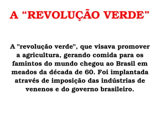 A “REVOLUÇÃO VERDE” A "revolução verde", que visava promover a agricultura, gerando comida para os famintos do mundo chegou ao Brasil em meados da década de 60. Foi implantada através de imposição das indústrias de venenos e do governo brasileiro. 