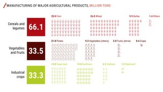 MANUFACTURING OF MAJOR AGRICULTURAL PRODUCTS, MILLION TONS
66.1
33.5
33.3
Cereals and
legumes
28.0 Corn
21.8 Potato
14.0 Sugar beet 13.8 Sunflower 4.3 Soybean 1.2 Rapeseed
9.3 Vegetables (others) 2.0 Fruits, berries 0.4 Grape
26.8 Wheat 9.9 Barley 1.4 Others
Vegetables
and Fruits
Industrial
crops
 
