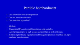 Particle bombardment
• Less limitations than electroporation
• Can use on cells with walls
• Can transform organelles!
• Method:
• Precipitate DNA onto small tungsten or gold particles.
• Accelerate particles to high speeds and aim them at cells or tissues.
• Selective growth and regeneration of transgenic plants as described for Agro-
mediated transformation.
 