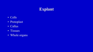 Explant
• Cells
• Protoplast
• Callus
• Tissues
• Whole organs
 