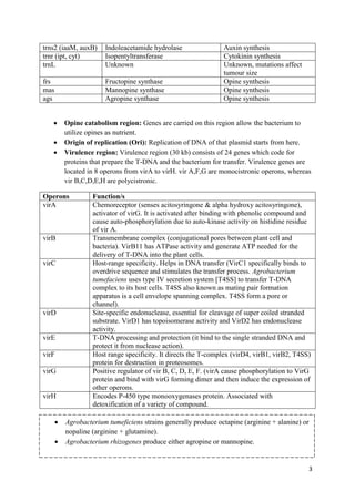 3
trns2 (iaaM, auxB) Indoleacetamide hydrolase Auxin synthesis
trnr (ipt, cyt) Isopentyltransferase Cytokinin synthesis
trnL Unknown Unknown, mutations affect
tumour size
frs Fructopine synthase Opine synthesis
mas Mannopine synthase Opine synthesis
ags Agropine synthase Opine synthesis
 Opine catabolism region: Genes are carried on this region allow the bacterium to
utilize opines as nutrient.
 Origin of replication (Ori): Replication of DNA of that plasmid starts from here.
 Virulence region: Virulence region (30 kb) consists of 24 genes which code for
proteins that prepare the T-DNA and the bacterium for transfer. Virulence genes are
located in 8 operons from virA to virH. vir A,F,G are monocistronic operons, whereas
vir B,C,D,E,H are polycistronic.
Operons Function/s
virA Chemoreceptor (senses acitosyringone & alpha hydroxy acitosyringone),
activator of virG. It is activated after binding with phenolic compound and
cause auto-phosphorylation due to auto-kinase activity on histidine residue
of vir A.
virB Transmembrane complex (conjugational pores between plant cell and
bacteria). VirB11 has ATPase activity and generate ATP needed for the
delivery of T-DNA into the plant cells.
virC Host-range specificity. Helps in DNA transfer (VirC1 specifically binds to
overdrive sequence and stimulates the transfer process. Agrobacterium
tumefaciens uses type IV secretion system [T4SS] to transfer T-DNA
complex to its host cells. T4SS also known as mating pair formation
apparatus is a cell envelope spanning complex. T4SS form a pore or
channel).
virD Site-specific endonuclease, essential for cleavage of super coiled stranded
substrate. VirD1 has topoisomerase activity and VirD2 has endonuclease
activity.
virE T-DNA processing and protection (it bind to the single stranded DNA and
protect it from nuclease action).
virF Host range specificity. It directs the T-complex (virD4, virB1, virB2, T4SS)
protein for destruction in proteosomes.
virG Positive regulator of vir B, C, D, E, F. (virA cause phosphorylation to VirG
protein and bind with virG forming dimer and then induce the expression of
other operons.
virH Encodes P-450 type monooxygenases protein. Associated with
detoxification of a variety of compound.
 Agrobacterium tumeficiens strains generally produce octapine (arginine + alanine) or
nopaline (arginine + glutamine).
 Agrobacterium rhizogenes produce either agropine or mannopine.
 
