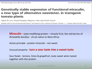 Miraculin - taste-modifying protein – miracle fruit, the red berries of
Richadella dulcifica - shrub native to West Africa
Active principle - protein miraculin - not sweet
Unusual property - turn a sour taste into a sweet taste
Sour foods - lemons, limes & grapefruit, taste sweet when tasted
together with this protein
karthikumarbt@kcetvnr.org 18
 