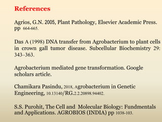 References
Agrios, G.N. 2005, Plant Pathology, Elsevier Academic Press.
pp 664-665.
Das A (1998) DNA transfer from Agrobacterium to plant cells
in crown gall tumor disease. Subcellular Biochemistry 29:
343–363.
Agrobacterium mediated gene transformation. Google
scholars article.
Chamikara Pasindu, 2018, Agrobacterium in Genetic
Engineering, 10.13140/RG.2.2.20898.94402.
S.S. Purohit, The Cell and Molecular Biology: Fundmentals
and Applications. AGROBIOS (INDIA) pp 1038-103.
 