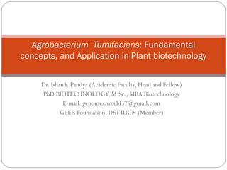 Dr. IshanY. Pandya (Academic Faculty, Head and Fellow)
PhD BIOTECHNOLOGY, M.Sc., MBA Biotechnology
E-mail: genomes.world37@gmail.com
GEER Foundation, DST-IUCN (Member)
Agrobacterium Tumifaciens: Fundamental
concepts, and Application in Plant biotechnology
 