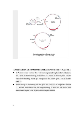 2.PRODUCTION OF TRANSFORMED PLANTS WITH THE Ti PLASMID
 If A. tumefaciens bacteria that contain an engineered Ti plasmid are introduced
into a plant in the natural way, by infection of a wound in the stem, then only the
cells in the resulting crown gall will possess the cloned gene. This is of little
 Instead a way of introducing the new gene into every cell in the plant is needed.
but a culture of plant cells or protoplasts in liquid medium.
8
 