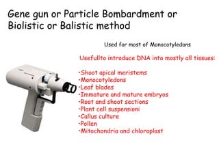 Gene gun or Particle Bombardment or
Biolistic or Balistic method
Used for most of Monocotyledons
Usefullto introduce DNA into mostly all tissues:
•Shoot apical meristems
•Monocotyledons
•Leaf blades
•Immature and mature embryos
•Root and shoot sections
•Plant cell suspensioni
•Callus culture
•Pollen
•Mitochondria and chloroplast
 