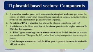 Ti plasmid-based vectors: Components
1. A selectable marker gene, such as neomycin phosphotransferase, put under the
contr...