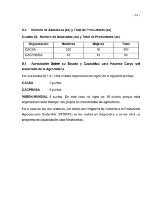 - 65 -
5.3 Número de Asociados (as) y Total de Productores (as)
Cuadro 20. Número de Asociados (as) y Total de Productores (as)
Organización Hombres Mujeres Total
CACSA 250 50 300
CACPROSA 45 15 60
5.4 Apreciación Sobre su Estado y Capacidad para Hacerse Cargo del
Desarrollo de la Agrocadena
En una escala de 1 a 10 las citadas organizaciones lograrían el siguiente puntaje:
CACSA 5 puntos
CACPROSA 6 puntos
VISION MUNDIAL 8 puntos. En este caso no logra los 10 puntos porque esta
organización debe trabajar con grupos no consolidados de agricultores.
En el caso de las dos primeras, por medio del Programa de Fomento a la Producción
Agropecuaria Sostenible (PFOPAS) se les realizó un diagnóstico y se les dará un
programa de capacitación para fortalecerlas.
 
