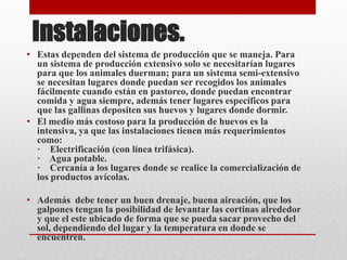 Instalaciones.
• Estas dependen del sistema de producción que se maneja. Para
un sistema de producción extensivo solo se necesitarían lugares
para que los animales duerman; para un sistema semi-extensivo
se necesitan lugares donde puedan ser recogidos los animales
fácilmente cuando están en pastoreo, donde puedan encontrar
comida y agua siempre, además tener lugares específicos para
que las gallinas depositen sus huevos y lugares donde dormir.
• El medio más costoso para la producción de huevos es la
intensiva, ya que las instalaciones tienen más requerimientos
como:
· Electrificación (con línea trifásica).
· Agua potable.
· Cercanía a los lugares donde se realice la comercialización de
los productos avícolas.
• Además debe tener un buen drenaje, buena aireación, que los
galpones tengan la posibilidad de levantar las cortinas alrededor
y que el este ubicado de forma que se pueda sacar provecho del
sol, dependiendo del lugar y la temperatura en donde se
encuentren.
 