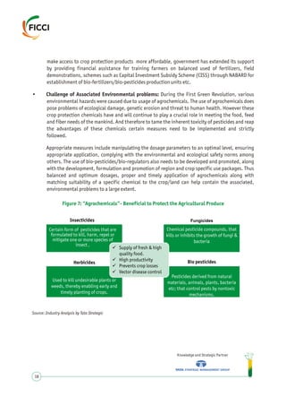 make access to crop protection products more affordable, government has extended its support
by providing financial assistance for training farmers on balanced used of fertilizers, field
demonstrations, schemes such as Capital Investment Subsidy Scheme (CISS) through NABARD for
establishment of bio-fertilizers/bio-pesticides production units etc.
• Challenge of Associated Environmental problems: During the First Green Revolution, various
environmental hazards were caused due to usage of agrochemicals. The use of agrochemicals does
pose problems of ecological damage, genetic erosion and threat to human health. However these
crop protection chemicals have and will continue to play a crucial role in meeting the food, feed
and fiber needs of the mankind. And therefore to tame the inherent toxicity of pesticides and reap
the advantages of these chemicals certain measures need to be implemented and strictly
followed.
Appropriate measures include manipulating the dosage parameters to an optimal level, ensuring
appropriate application, complying with the environmental and ecological safety norms among
others. The use of bio-pesticides/bio-regulators also needs to be developed and promoted, along
with the development, formulation and promotion of region and crop specific use packages. Thus
balanced and optimum dosages, proper and timely application of agrochemicals along with
matching suitability of a specific chemical to the crop/land can help contain the associated,
environmental problems to a large extent.
Knowledge and Strategic Partner
18
Figure 7: “Agrochemicals”- Beneficial to Protect the Agricultural Produce
Source: Industry Analysis by Tata Strategic
Herbicides Bio pesticides
Insecticides Fungicides
üSupply of fresh & high
quality food.
üHigh productivity
üPrevents crop losses
üVector disease control
Certain form of pesticides that are
formulated to kill, harm, repel or
mitigate one or more species of
insect ,
Chemical pesticide compounds, that
kills or inhibits the growth of fungi &
bacteria
Used to kill undesirable plants or
weeds, thereby enabling early and
timely planting of crops.
Pesticides derived from natural
materials, animals, plants, bacteria
etc; that control pests by nontoxic
mechanisms.
 