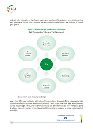 and strives for eliminating or significantly reducing the use of pesticides and at the same time containing
pest growth at acceptable levels. There are six basic components of IPM which are employed to control
pest growth.
Knowledge and Strategic Partner
34
Figure 19: Integrated Pest Management components
Source: Industry reports, Analysis by Tata Strategic
Apart from IPM, newer molecules with better efficacy are being developed. These molecules such as
sulfonylurea and imidazolinone require lesser volume of chemicals per net treated area. Newer products
such as biological pesticides, seed treatment chemicals, and semiochemicals are being introduced. Seed
treatment chemicals require a very small volume of the chemical as compared to normal crop protection
chemicals.
Basic Components of Integrated Pest Management
IPM
1.
Acceptable
Pest levels
2.
Preventive
Practices
6.
Chemical
Controls
3.
Monitoring
4.
Mechanical
Controls
5.
Biological
Controls
 