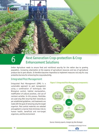 Indian Agriculture needs to ensure food and nutritional security for the nation due to growing
population, increasing urbanization at the expense of agricultural resources and loss of agricultural
produce due to pest attacks. It therefore becomes imperative to implement measures not only for crop
protection but also for enhancing the crop productivity.
Integrated Pest Management (IPM) is a
sustainable approach to pest management
using a combination of techniques like
Biological control, habitat manipulation,
modification of cultural practices, and use of
resistant varieties. In this process, Pesticides
are used only after ensuring their necessity as
per established guidelines, and treatments are
made with the goal of removing only the target
organism. Pest control materials are selected
and applied in a manner that minimizes risks to
human health, beneficial and non-target
organisms, and the environment
Integrated Pest Management
6 Next Generation Crop-protection & Crop
Enhancement Solutions
Knowledge and Strategic Partner
18
Source: Industry reports, Analysis by Tata Strategic
Figure 7: Integrated Pest Management components
1.
Acceptable
Pest levels
2.
Preventive
Practices
3.
Monitoring
4.
Mechanical
Controls
5.
Biological
Controls
6.
Chemical
Controls
IPM
 