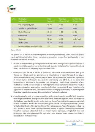 The growing use of plastics in different segments of economy has been very useful. The use of plastics
esp. in agriculture has helped farmers increase crop production, improve food quality as also in more
efficient usage of water resources.
2. In order to meet the food grain requirements of the nation, the agricultural productivity and its
growth needs to be sustained and further improved. Given the limitation of the important input, viz:
water, Plasticulture can play a very important role in same.
3. Plasticulture (viz: the use of plastics in agriculture, horticulture, water-management, food grains
storage and related areas) is a good answer to this challenge of water shortage. It can play an
important role in facilitating judicious usage of water. It is estimated that appropriate applications
of micro-irrigation technologies can result in water saving upto 50-70-%. At the same time,
consumption of fertilizers is also reduced thru Fertigation. Plasticulture applications offer a
multitude of benefits and are considered most important indirect agricultural inputs which results in
moisture conservation, water saving, reduction in fertilizer consumption. It also helps in precise
application of water & nutrients, and use of innovative packaging solutions help in increasing shelf-
life and during collection, storage & transportation of fruits and vegetables.
4. A promising way forward, to increase productivity while conserving water (more for less), is to adopt
micro irrigation methods. In drip irrigation for example, perforated pipes are placed either above or
slightly below ground and drip water on the roots and stems of plants, directing water more precisely
to crops that need it. An efficient drip irrigation system reduces consumption of fertiliser (through
fertigation8) and water of the plant and hence there is less wastage. Yields of crops also went up – up
to 45 per cent in wheat, 20 per cent in gram and 40 per cent in soybean. The resulting improvement
in net farm incomes is substantial. Until now micro-irrigation techniques, owing to high fixed costs
of adoption, have mostly been used for high value crops. However, recent research has shown its
feasibility even in wheat and rice.
S. No. Plasticulture Water Water Use Fertilizer Use
Applications Saving (%) Efficiency (%) Efficiency (%)
1 Drip Irrigation System 40-70 30-70 20-40
2 Sprinkle Irrigation System 30-50 35-60 30-40
3 Plastic Mulching 40-60 15-20 20-25
4 Greenhouse 60-85 20-25 30-35
5 Shade nets 30-40 30-50 Under Trial
6 Plastic Tunnel 40-50 20-30 -do-
7 Farm Pond Lined with Plastic Film 100 40-60 Not Applicable
(Source: NCPAAH)
Knowledge and Strategic Partner
36
 