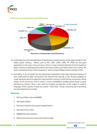 10. Incidentally the enhanced application of plasticulture concept will also create opportunities for the
Indian plastic industry. Plastics such as PVC, LDPE, LLDPE, HDPE, PP, PTFEE etc find good
applications in the sector. As we are aware, there is a huge unrealised potential of further growth of
plastic industry as indicated by the present very low per capita consumption level in the country. The
same is only about 10 kgs in india compared to world average of 28kgs and about 109 kgs in USA .
11. Concluding, it can be stated that the plasticulture applications hold huge importance because of
their relationship to water conservation and national food security. A very focused campaign to
create awareness about its usage (thru demonstration centres) in which farmers are partners will be
helpful. At the same time, there is need to ensure availability of quality products based on good
standards by industry. There is also need for bringing out literature on the subject in regional
languages, which may also include case studies. These steps will go a very long way in promoting
the idea of plasticulture in India.
1. Ministry of Water resources(MOWR)
2. Agro pages website
3. Ministry of statistics and program implementation
4. Agriculture Census 2011
5. NABARD data bank statistics
6. Ministry of environment, forest and climate change.
References
Performance of leading states under GOI Schemes
Knowledge and Strategic Partner
38
 