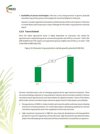 20
l
manufacturingandhasprocesstechnologiesformorethan60genericmolecules.
However, complex registration procedures and decreasing market size for generic molecules
in United States and Europe pose a major challenge for the Indian crop protection chemicals
export
3.2.8 FutureOutlook
Since the Indian agricultural sector is highly dependent on monsoons, the market for
agrochemicals is expected to grow at a conservative growth rate of 8% p.a. to reach ~ USD 3.2Bn
(INR 18,000 Cr) by FY18. Exports are expected to grow at a higher rate of 15% p.a. to reach ~ USD
5.8Bn(INR32,000Cr)byFY20.
Availability of process technologies: India has a very strong presence in generic pesticide
Figure 14: Domestic Crop protection market growth potential (USD Bn)
Contract manufacturing is also an emerging opportunity for agro-chemical companies. There
are several leading companies in crop protection industry, who are actively involved in contract
manufacturing of agrochemicals and intermediates for global innovators. Some of the factors
whichmakecontractmanufacturinganattractiveopportunityforIndianplayersareasfollows:
Strong presence of MNCs in Indian markets who have the ability and know-how to develop
and launch innovative products. For small Indian players, developing capability for contract
manufacturingwouldbeeasierthancapabilitytoinventnewchemicals.
High investment requirement in R&D for new molecule development and long gestation
period of 3-5 years for registration of new chemicals. High investments have deterred Indian
playersfromdevelopingnewmoleculesandhaveinsteadledtoincreasedfocusongenerics.
l
l
8%
1.9
3.2
FY12 FY18
 