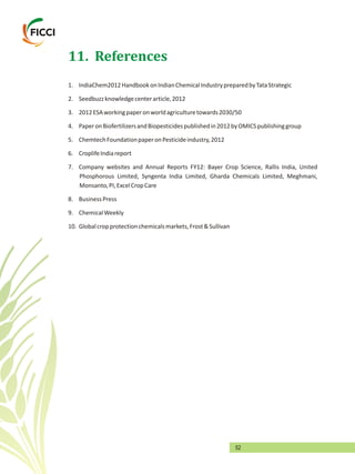 52
11. References
1. IndiaChem2012HandbookonIndianChemicalIndustrypreparedbyTataStrategic
2. Seedbuzzknowledgecenterarticle,2012
3. 2012ESAworkingpaperonworldagriculturetowards2030/50
4. PaperonBiofertilizersandBiopesticidespublishedin2012byOMICSpublishinggroup
5. ChemtechFoundationpaperonPesticideindustry,2012
6. CroplifeIndiareport
7. Company websites and Annual Reports FY12: Bayer Crop Science, Rallis India, United
Phosphorous Limited, Syngenta India Limited, Gharda Chemicals Limited, Meghmani,
Monsanto,PI,ExcelCropCare
8. BusinessPress
9. ChemicalWeekly
10. Globalcropprotectionchemicalsmarkets,Frost&Sullivan
 