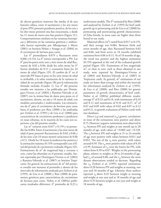 AJUSTE DE MODELOS DE REGRESIÓN ALEATORIA EN EVALUACIONES GENÉTICAS DE BOVINOS TROPICARNE



de efectos genéticos maternos fue similar al de una         multivariate models. The h2 estimated by Ríos (2008)
función cúbica, entre el nacimiento y los seis meses        and analyzed by Zerlotti et al. (1995) for beef cattle
el peso (PN) presentó pendiente positiva, de los seis a     growth up to preweaning and de Lira et al. (2008) for
los diez meses presentó una fase estacionaria, y desde      preweaning and postweaning growth characteristics
los 11 meses de nuevo una fase positiva (Figura 1C).        of Zebu breeds, in most cases are higher than those
Comportamientos similares en las varianzas fenotípi-        found in our study.
cas y diferentes en las varianzas genéticas y ambien-       	 Maternal effects (m2) varied from 0.017 to 0.159,
tales fueron reportados por Albuquerque y Meyer             and their average was 0.084. Between birth and
(2001) en bovinos Nelore y Arango et al. (2004) en          seven months of age, they fluctuated between 0.02
el crecimiento de bovinos para carne.                       and 0.06, and from seven to 18 months exhibited
	 Las h2 promediaron 0.079 y fluctuaron entre               variations from 0.06 to 0.11. As of 18 months of age,
0.006 y 0.116. La h2 menor correspondió a PN. Las           the trend was positive and the highest estimation
h2 para los pesos entre uno y siete meses de edad fluc-     (0.159) appeared at the end of the evaluated growth
tuaron de 0.02 a 0.06; desde los ocho meses las h2          period (Figure 1D). Estimations of low magnitude
fueron alrededor de 0.11 y constantes hasta los 24          m2, or close to zero, such as those obtained in our
meses de edad (Figura 1D). El cambio de h2 en el            study, were reported by Domínguez-Viveros et
intervalo PN hasta el peso en los siete meses de edad       al. (2003) and Ramírez-Valverde et al. (2007) in
es atribuible a la sobre estimación de la varianza re-      Tropicarne cattle. In general, m2 estimations of our
sidual de ese periodo (Figura 1B) por la información        study are lower than average and within the intervals
limitada incluida (Cuadro 1). Las h2 del presente           for information analyzed by Zerlotti et al. (1995),
estudio son menores a las publicadas por Domín-             de Lira et al. (2008), and Ríos (2008) for genetic
guez-Viveros et al. (2003) y Ramírez-Valverde et al.        parameters of growth characteristics of beef cattle.
(2007) con la misma base de datos para pesos en el          Nobre et al. (2003a) published different results:
nacimiento, destete, un año y 18 meses de edad, con         average h2 of 0.23 and 0.18, with minimums of 0.10
modelos univariados y multivariados. Las estimacio-         and 0.12 and maximums of 0.34 and 0.27, m2 of
nes de h2 para el crecimiento de bovinos para carne         0.07 and 0.09 with values of 0.02 and 0.07 to 0.12
hasta el predestete por Ríos (2008) y las analizadas        and 0.21, in growth evaluations of Nelore cattle with
por Zerlotti et al. (1995) y de Lira et al. (2008) para     two databases.
características de crecimiento predestete y posdestete      	 Direct (rd) and maternal (rm) genetic correlations
en razas cebuinas, en la mayoría de los casos son su-       in most of the estimations were positive and above
periores a las del presente estudio.                        0.75. However, negative estimations were observed in
	 Las m2 variaron entre 0.017 y 0.159 y su prome-           rd , between PN and weights at one month up to 20
dio fue 0.084. Entre el nacimiento y los siete meses de     months of age, with values of 0.002 and 0.128.
edad el peso presentó fluctuaciones de 0.02 a 0.06 y        The rd between PN and weights at 21 to 24 months
de los siete a los 18 meses mostró variaciones de 0.06      of age were positive with values between 0.011 and
a 0.11. Desde los 18 meses la tendencia fue positiva y      0.052. The rest of the rd were positive, with values
la estimación máxima (0.159) correspondió con el fi-        around 0.99. The rm were positive with values of 0.39
nal del periodo de crecimiento evaluado (Figura 1D).        a 0.99. Estimates of rm were the lowest for PN, with
Estimaciones de m2 de magnitud baja y cercanas a            values from 0.39 to 0.87. Weights in the preweaning
cero, como las obtenidas en el presente estudio, fue-       phase, relative to weights at 20 to 24 months of age,
ron reportadas por Domínguez-Viveros et al. (2003)          had rm of around 0.80, and the rm between the most
y Ramírez-Valverde et al. (2007) en bovinos Tropi-          distant observations tended to decrease. Regarding
carne. En general, las estimaciones de m2 del presen-       the rd, Zerlotti et al. (1995) reported estimations
te estudio son menores al promedio y dentro de los          above 0.20 between PN and weights at weaning, one
intervalos de información analizada por Zerlotti et al.     year and 18 months of age. Likewise, these authors
(1995), de Lira et al. (2008) y Ríos (2008) de pará-        reported rd above 0.45 between weight at weaning
metros genéticos para características de crecimiento        and weight at one year and at 18 months of age and
de bovinos para carne. Nobre et al. (2003a) publi-          above 0.55 between weight at one year and weight at
caron resultados diferentes: h2 promedio de 0.23 y          18 months of age.



                                                                                  DOMÍNGUEZ-VIVEROS et al.     335
 