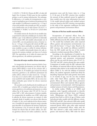 AGROCIENCIA, 1 de abril - 15 de mayo, 2011



 (2)(25)  70 481.8). Dentro de BIC, el valor del       parameters more and the lowest value in –2 Log
log() fue el mismo (9.464) para los dos modelos         L; 2) the part of the BIC criterion that considers
porque se usó la misma información. Sin embargo,         the amount of data analyzed cannot be applied to
la diferencia, o el cambio de jerarquización se pre-     these models since the same information was used;
sentó al multiplicar por el número de parámetros de      3) the model selected within each residual variance
cada modelo y la diferencia numérica en 2 Log L         structure, based on the LRT criterion, was equivalent
a favor del modelo seleccionado por AIC no mantu-        in the order of the regression coefficients for both
vo la clasificación con el valor menor (70 419.7        genetic and permanent environment effects.
(28)(9.464)  70 684.7 vs 70 431.8  (25)(9.464)
 70 668.4).                                                Selection of the best model: maternal effects
	 El sentido estricto de elección de un modelo úni-
co permitió la selección señalada por el criterio AIC,   	 Incorporation of maternal effects from the
debido a que: 1) fue diferente (p0.01) al obtenido      previously selected model, with only direct effects
con el criterio LRT, del modelo seleccionado con el      (MD), differed across the AIC and BIC criteria (Table
criterio BIC, con tres parámetros más y el menor va-     3). The model that included cubic order maternal
lor en 2 Log L; 2) la parte del criterio de BIC que     effects, genetic and permanent environmental, was
considera los datos analizados no podría aplicarse a     that with the lowest 2 Log L value. Based on the
estos modelos ya que se utilizó la misma informa-        LRT criterion, this model was different (p0.01)
ción; 3) el modelo seleccionado dentro de cada es-       from the MD model and the rest of the models
tructura de varianza residual, con base en el criterio   analyzed to include maternal effects (Table 3).
LRT, fue equivalente en el orden de ajuste para los      	 According to the classification of models by the
efectos genéticos y de ambiente permanente.              AIC criterion, the model that included cubic order
                                                         maternal genetic and permanent environmental
   Selección del mejor modelo: efectos maternos          effects was the one with the lowest value (70 427.3).
                                                         The LRT and AIC criteria selected the same model.
	 La integración de efectos maternos desde el mo-        Comparison of models with the BIC indicated that
delo seleccionado previamente con efectos sólo di-       the addition of maternal effects did not improve the
rectos (MD) difirió a través de los criterios AIC y      estimated value relative to the model with only direct
BIC (Cuadro 3). El modelo que incluyó los efectos        effects (Table 3). So, with the addition of maternal
maternos, genéticos y de ambiente permanente de          effects, the random regression model best fitted for
orden cúbico, obtuvo el valor menor de 2 Log L.         describing Tropicarne beef cattle growth, from birth
Con base en el criterio LRT, este modelo fue dife-       to 24 months of age, was the one that included
rente (p0.01) del modelo MD y de los otros mo-          cubic order fixed effects, quadratic order direct
delos analizados para incluir los efectos maternos       genetic effects, plus cubic order direct permanent
(Cuadro 3).                                              environmental effects and maternal effects (genetic
	 De acuerdo con la clasificación de modelos por el      and permanent environmental), with heterogeneous
criterio AIC, el modelo que incluyó los efectos ma-      residual variances of twelve classes and 48 parameters.
ternos genéticos y de ambiente permanente en orden       	 In similar studies, Villalba et al. (2000) used
cúbico fue el de menor valor (70 427.3). Los cri-        quadratic order Legendre polynomials to describe
terios LRT y AIC seleccionaron el mismo modelo.          preweaning growth of Brown Swiss and Pirenaic
La comparación de modelos con el BIC indicó que          cattle. Albuquerque and Meyer (2001) analyzed
la adición de efectos maternos no mejoró el valor        growth from birth to 630 d of age of Nelore cattle
estimado desde el modelo con efectos sólo directos       and selected other models with the different criteria.
(Cuadro 3). Así, con la adición de los efectos mater-    With LRT and AIC, they selected a fifth order model
nos, el modelo de regresión aleatoria mejor ajustado     for direct (genetic and permanent environmental) and
para describir el crecimiento de bovinos Tropicarne,     maternal genetic effects, plus cubic order maternal
del nacimiento a los 24 meses de edad, fue el que        permanent environmental effects, while with the
incluyó los efectos fijos de orden cúbico, los efec-     BIC they selected a cubic order model for direct
tos genéticos directos de orden cuadrático, más los      genetic and maternal effects, fifth order for direct



332          VOLUMEN 45, NÚMERO 3
 