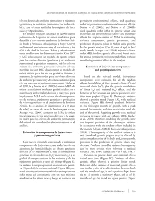 AJUSTE DE MODELOS DE REGRESIÓN ALEATORIA EN EVALUACIONES GENÉTICAS DE BOVINOS TROPICARNE



efectos directos de ambiente permanente y maternos          permanent environmental effects, and quadratic
(genéticos y de ambiente permanente) de orden cú-           order for permanent environmental maternal effects.
bico, con varianzas residuales heterogéneas de doce         Nobre et al. (2003a) and Nobre et al. (2003b)
clases y 48 parámetros.                                     used quadratic order MRA in genetic (direct and
	 En estudios similares Villalba et al. (2000) usaron       maternal) and environmental (direct and maternal)
polinomios de Legendre de orden cuadrático para             effects for implementation of MRA in estimating
describir el crecimiento predestete de bovinos Sui-         variance components, genetic parameters, and
zo Pardo y Pirenaica. Albuquerque y Meyer (2001)            prediction of genetic values in Nelore cattle growth.
analizaron el crecimiento entre el nacimiento y los         In the growth analysis (2 to 8 years of age) in beef
630 d de edad de bovinos Nelore y seleccionaron             cattle breeds, Arango et al. (2004) adjusted a linear
otros modelos con los diferentes criterios. Con LRT         order MRA for direct genetic effects and fourth order
y AIC seleccionaron un modelo de quinto orden               for animal permanent environmental effects, without
para los efectos directos (genéticos y de ambiente          considering maternal effects in the analysis.
permanente) y genéticos maternos, más los efectos
maternos de ambiente permanente de orden cúbico;                  Estimation of (co)variance components
mientras que con BIC seleccionaron un modelo de                           and genetic parameters
orden cúbico para los efectos genéticos directos y
maternos, de quinto orden para los efectos directos         	 Based on the selected model, (co)variance
de ambiente permanente y de orden cuadrático para           components were estimated for all the random
efectos maternos de ambiente permanente. Nobre et           effects, heritabilities of direct genetic effects (h2) and
al. (2003a) y Nobre et al. (2003b) usaron MRA de            maternal effects (m2), plus the genetic correlations
orden cuadrático en los efectos genéticos (directos y       of direct (rd) and maternal (rm) effects, and the
maternos) y ambientales (directos y maternos) para          behavior of the variances and genetic parameters over
implementar MRA en la estimación de componen-               time were graphed (Figure 1). Phenotypic variance
tes de varianza, parámetros genéticos y predicción          showed a positive trend (Figure 1A), while residual
de valores genéticos en el crecimiento de bovinos           variance (Figure 1B) showed quadratic behavior
Nelore. En el análisis de crecimiento (2 a 8 años           in the first eight months of growth, with a peak
de edad) en vacas de razas de bovinos para carne,           around five months, and then no variation until the
Arango et al. (2004) ajustaron un MRA de orden              end of the period. Regarding growth traits, residual
lineal para los efectos genéticos directos y de cuar-       variances increased with age (Meyer, 2001; Fischer
to orden para los efectos de ambiente permanente            et al., 2004); therefore, modeling the growth curve
del animal, sin considerar los efectos maternos en el       can improve partition of the phenotypic variance
análisis.                                                   in accordance with the random effects included in
                                                            the models (Meyer, 2000; El Faro and Albuquerque,
   Estimación de componentes de (co)varianza                2003). If heterogeneity of the residual variances is
            y parámetros genéticos                          not considered, genetic progress may be affected by
                                                            an incorrect hierarchy of the bulls and, consequently,
	 Con base en el modelo seleccionado se estimaron           precision in the prediction of genetic values may
componentes de (co)varianza para todos los efectos          decrease. Problems caused by variance heterogeneity
aleatorios, las heredabilidades de efectos genéticos        can be more serious when referring to residual
directos (h2) y maternos (m2), más las correlaciones        variance (Hill, 1984; Garrick and Van Vleck, 1987).
genéticas de efectos directos (rd) y maternos (rm), y se    	 Variances in genetic direct and maternal effects
graficó el comportamiento de las varianzas y de los         varied over time (Figure 1C). Variance of direct
parámetros genéticos a través del tiempo (Figura 1).        genetic effects showed a positive linear trend.
La varianza fenotípica presentó una tendencia positi-       Behavior of the variance of maternal genetic effects
va (Figura 1A), la varianza residual (Figura 1B) pre-       was similar to that of a cubic function: between birth
sentó un comportamiento cuadrático en los primeros          and six months of age, it had a positive slope, from
ocho meses del crecimiento, con un pico máximo              six to 10 months a stationary phase, and as of 11
alrededor de los cinco meses y luego se mantuvo sin         months of age the trend was again positive (Figure



                                                                                   DOMÍNGUEZ-VIVEROS et al.       333
 