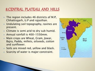  The region includes 46 districts of M.P,
Chhattisgarh, U.P and rajasthan.
 Undulating soil topography, ravines are
present.
 Climate is semi arid to dry sub humid.
 Annual rainfall is 400-1550mm.
 Main crops are Wheat, Gram, Jowar,
Bajra, Paddy, millets, oilseeds, cotton
and sunflower.
 Soils are mixed red, yellow and black.
 Scarcity of water is major constraint.
 