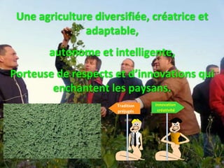 Une agriculture diversifiée, créatrice et
adaptable,
autonome et intelligente,
Porteuse de respects et d’innovations qui
enchantent les paysans.
Innovation
créativité
Tradition
préjugés
 