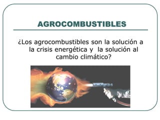  AGROCOMBUSTIBLES ¿Los agrocombustibles son la solución a la crisis energética y  la solución al cambio climático? 