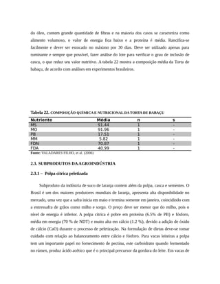 do óleo, contem grande quantidade de fibras e na maioria dos casos se caracteriza como 
alimento volumoso, o valor de energia fica baixo e a proteína é média. Rancifica-se 
facilmente e dever ser estocado no máximo por 30 dias. Deve ser utilizado apenas para 
ruminante e sempre que possível, fazer análise do lote para verificar o grau de inclusão de 
casca, o que reduz seu valor nutritivo. A tabela 22 mostra a composição média da Torta de 
babaçu, de acordo com análises em experimentos brasileiros. 
Tabela 22. COMPOSIÇÃO QUÍMICA E NUTRICIONAL DA TORTA DE BABAÇU 
Nutriente Média n s 
MS 91.44 1 - 
MO 91.96 1 - 
PB 17.51 1 - 
MM 5.82 1 - 
FDN 70.87 1 - 
FDA 40.99 1 - 
Fonte: VALADARES FILHO, et al. (2006) 
2.3. SUBPRODUTOS DA AGROINDÚSTRIA 
2.3.1 – Polpa cítrica peletizada 
Subproduto da indústria de suco de laranja contem além da polpa, casca e sementes. O 
Brasil é um dos maiores produtores mundiais de laranja, apresenta alta disponibilidade no 
mercado, uma vez que a safra inicia em maio e termina somente em janeiro, coincidindo com 
a entressafra de grãos como milho e sorgo. O preço deve ser menor que do milho, pois o 
nível de energia é inferior. A polpa cítrica é pobre em proteína (6.5% de PB) e fósforo, 
média em energia (70 % de NDT) e muito alta em cálcio (1.2 %), devido a adição de óxido 
de cálcio (CaO) durante o processo de peletização. Na formulação de dietas deve-se tomar 
cuidado com relação ao balanceamento entre cálcio e fósforo. Para vacas leiteiras a polpa 
tem um importante papel no fornecimento de pectina, este carboidrato quando fermentado 
no rúmen, produz ácido acético que é o principal precursor da gordura do leite. Em vacas de 
 