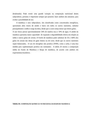 desidratada). Pode existir uma grande variação na composição nutricional destes 
subprodutos, portanto é importante sempre que possível, fazer análises das amostras, para 
avaliar a possibilidade de uso. 
A mandioca e seus subprodutos, são classificadas como concentrados energéticos, 
apresentam altos teores de amido e baixo em todos os outros nutrientes, substitui 
principalmente o milho e sorgo da dieta, desde que o custo esteja menor que destes grãos. 
A raiz fresca possui aproximadamente 50% de matéria seca e 50% de água. O amido da 
mandioca apresenta maior capacidade de expansão e degradabilidade efetiva em relação ao 
milho e outros grãos de cereais. O Farelo de mandioca pode substituir de 50 a 100% dos 
grãos de cereais das dietas de gado leiteiro ou de corte, desde que os outros nutrientes 
sejam balanceados. O uso de nitrogênio não protéico (NNP), como a uréia, é uma boa 
medida para suplementação protéica em ruminantes. A tabela 26 mostra a composição 
média do Farelo de Mandioca e Raspa de mandioca, de acordo com análises em 
experimentos brasileiros. 
Tabela 26. COMPOSIÇÃO QUÍMICA E NUTRICIONAL DA RASPA DE MANDIOCA 
 