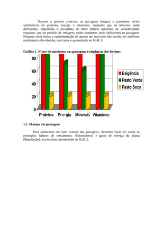 Durante o período chuvoso, as pastagens chegam a apresentar níveis 
satisfatórios de proteína, energia e vitaminas, enquanto que os minerais estão 
deficientes, impedindo o pecuarista de obter índices máximos de produtividade, 
enquanto que no período de estiagem, todos nutrientes estão deficientes na pastagem. 
Portanto nesta época a suplementação de apenas um nutriente não resulta em melhores 
rendimentos do rebanho, conforme é apresentado no Gráf. 1. 
Níveis de Nutrientes nas Pastagens e 
Exigências dos Bovinos 
100 
Gráfico 1. Níveis de nutrientes nas pastagens e exigências dos bovinos 
80 
60 
40 
20 
0 
Proteína Energia Minerais Vitaminas 
1.1. Manejo das pastagens 
Exigência 
Pasto Verde 
Pasto Seco 
Para adotarmos um bom manejo das pastagens, devemos levar em conta os 
princípios básicos de crescimento (Fotossíntese) e gasto de energia da planta 
(Respiração), assim como apresentado no Gráf. 2. 
 