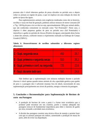 portanto não é viável obtermos ganhos de pesos elevados no período seco e depois 
voltar os animais ao regime de pasto, o que irá implicar em uma redução do ritmo de 
ganho na época das águas. 
Para suplementarmos animais com exigências moderadas como são os bezerros, 
novilhas e vacas em final de gestação, podemos utilizar misturas de menor consumo (50 
a 75g / 100 Kg de peso vivo ao dia) ou seja, aproximadamente 300 g por animal adulto, 
que são conhecidas comumente no mercado como “Sal Proteinado”. Neste caso, o 
objetivo é obter pequenos ganhos de peso no período seco (Sal Proteinado) e 
intensificar o ganho no período de chuvas (Protéico da águas), antecipando desta forma 
o abate dos animais, conforme mostra o experimento realizado na Embrapa de Campo 
Grande (CNPGC). 
Desenvolvimento de Novilhos 
Submetidos a Diferentes Alimentares. 
Tratamento g/animal/dia Meses 
A - Testemunha 355 35,3 
B - Supl. primeira seca 410 30,6 
C - Supl. segunda seca 450 28,7 
D - Supl. primeira e segunda secas 510 26,3 
E - Supl. primeira e conf. na segunda 725 22,6 
F - Supl. durante todo ano 550 24,6 
Tabela 6. Desenvolvimento de novilhos submetidos diferentes regimes 
alimentares 
Vale lembrar que a suplementação com misturas múltiplas durante o período 
chuvoso é viável apenas quando temos animais de alta capacidade genética para ganho 
de peso e a pastagem não é suficiente (manejo fora do ideal), necessitando de uma 
suplementação principalmente nos níveis de proteína, energia e minerais da pastagem. 
5. Conclusões e Recomendações para Suplementação de Bovinos de 
corte em Pastagens 
 A produção de bovinos de corte a pasto é a forma mais econômica que o 
produtor pode encontrar em seu criatório, porém o manejo adequado das 
pastagens torna-se de fundamental importância para obter o máximo de ganho 
por área, tornando a atividade mais econômica; 
 A divisão das pastagens constitui uma técnica eficaz de manejo e permite fazer 
com que os animais pastejam em rodízio, aumentando a produção de massa do 
pasto, além de evitar sua degradação; 
 