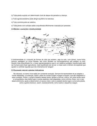 b) Toda planta suporta um determinado nível de ataque de parasita ou doença;
c) Todo agroecossistema pode atingir equilíbrio na natureza;
d) Todo controle pode ser seletivo;
e) Toda planta com nutrição sadia e equilibrada dificilmente é atacada por parasitas;
2.4 Manter e aumentar a biodiversidade
A biodiversidade é o conjunto de formas de vida que existem, seja no solo, num pomar, numa horta,
lavoura, pastagem ou numa floresta. Isto inclui também os microorganismos que existem no solo.
Quanto mais diversificado for o nosso agroecossistema (que é um sistema ecológico transformado pelo
ser humano para fazer agricultura), mais equilibrado ele vai ser, e maior será o número de espécies que
ajudam a controlar aquelas que nós chamamos de "pragas".
2.5 Sucessão natural e plantas indicadoras
Na natureza, os seres vivos estão em constante evolução. Sempre há necessidade de se adaptar a
novas realidades, a mudanças. Assim, sobre as rochas surgem musgos e líquens, que são adaptados a
essa condição. Porém, o próprio trabalho desses seres, ajudam a formar o solo e, em solos ainda rasos
e compactados, eles darão lugar a outras espécies mais adaptadas, como a tiririca. Essa, com o seu
desenvolvimento, ajuda a desenvolver um pouco mais o solo e acabará dando lugar a uma outra planta,
como a grama branca e, assim, sucessivamente, como ilustra o esquema a seguir.
 