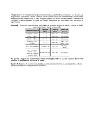 nitrogênio do ar, através de bactérias presentes nas raízes, substituindo ou reduzindo o uso da uréia. Já
as gramíneas como aveia, azevém, centeio e triticale, cobrem o solo com bastante rapidez, diminuindo a
erosão provocada pelas chuvas. O nabo forrageiro mesmo não sendo uma leguminosa é reciclador de
nitrogênio e descompactador de solos, em função disso pode ser consorciado com gramíneas e
leguminosas.
Quadro 2 _ Consórcios mais utilizados, quantidades de sementes, épocas de plantio e culturas de verão
preferenciais para o plantio em sucessão.
No quadro a seguir são apresentadas várias informações sobre o uso de espécies de inverno
isoladas ou antecedendo a culturas de verão.
Quadro 3 - Espécies de inverno mais utilizadas, quantidades de sementes, épocas de plantio e culturas
de verão preferenciais para o plantio em sucessão.
 