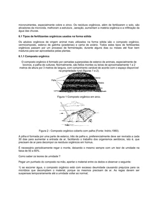 micronutrientes, especialmente cobre e zinco. Os resíduos orgânicos, além de fertilizarem o solo, são
ativadores da microvida, melhoram a estrutura , aeração, aumentam a matéria orgânica e a infiltração da
água das chuvas.
6.1 Tipos de fertilizantes orgânicos usados na forma sólida
Os adubos orgânicos de origem animal mais utilizados na forma sólida são o composto orgânico,
vermicomposto, esterco de galinha (poedeiras) e cama de aviário. Todos estes tipos de fertilizantes
orgânicos passam por um processo de fermentação, durante alguns dias ou meses até ficar bem
maduros para ser aproveitados pelas plantas.
6.1.1 Composto orgânico
O composto orgânico é formado por camadas superpostas de esterco de animais, especialmente de
bovinos, e palha de culturas. Normalmente, são feitos montes ou leiras de aproximadamente 1 a 2
metros de altura por 3 metros de largura, com comprimento variável de acordo com o espaço disponível
na propriedade rural (figuras 1 e 2).
Figura 1 Composto orgânico em arco.
Figura 2 - Composto orgânico coberto com palha (Fonte: Indrio,1980).
A pilha é formada por uma parte de esterco, três de palha e, preferencialmente deve ser revirada a cada
30 dias para aumentar a entrada de ar, facilitando o trabalho dos organismos aeróbicos, isto é, que
precisam de ar para decompor os resíduos orgânicos em húmus.
É necessário periodicamente regar o monte, deixando o mesmo sempre com um teor de umidade na
faixa de 50 a 60%.
Como saber os teores de umidade ?
Pegar um punhado do composto na mão, apertar o material entre os dedos e observar o seguinte:
1) se escorrer água, o composto orgânico está com excesso deumidade causando prejuízos para os
micróbios que decompõem o material, porque os mesmos precisam de ar. As regas devem ser
suspensas temporariamente até a umidade voltar ao normal;
 