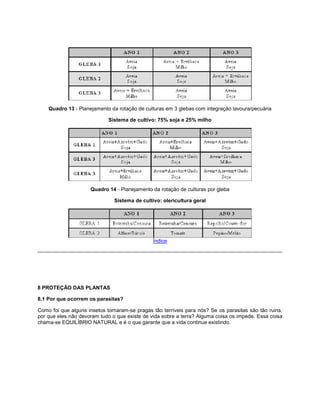 Quadro 13 - Planejamento da rotação de culturas em 3 glebas com integração lavoura/pecuária
Sistema de cultivo: 75% soja e 25% milho
Quadro 14 - Planejamento da rotação de culturas por gleba
Sistema de cultivo: olericultura geral
Índice
8 PROTEÇÃO DAS PLANTAS
8.1 Por que ocorrem os parasitas?
Como foi que alguns insetos tornaram-se pragas tão terríveis para nós? Se os parasitas são tão ruins,
por que eles não devoram tudo o que existe de vida sobre a terra? Alguma coisa os impede. Essa coisa
chama-se EQUILÍBRIO NATURAL e é o que garante que a vida continue existindo.
 