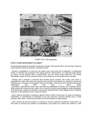 FONTE: FAO, 1993 (adaptação)
O que o modelo agroecológico nos sugere?
Na agroecologia precisamos planejar a pequena produção. Pode parecer difícil, mas nem tanto. Algumas
coisas básicas e fáceis de entender, mencionamos aqui:
- Garantir a subsistência: na crise que nos assola, quem mais sofre são os pequenos. O assalariado
urbano e o bóia-fria não conseguem nem sequer garantir a sobrevivência. Já o agricultor pode garantir
ao menos os itens básicos para a sobrevivência, pois ele mesmo pode produzi-los sem muitas
dificuldades. Depois de se ter o essencial para a vida, pensamos no que produzir para o mercado.
- Planejar para o mercado: o agricultor deve escolher alguns produtos, não muitos, para venda, e
especializar-se neles. Deve fazer uma pesquisa de mercado, conversando com pessoas e grupos que
entendam isso, conhecer os compradores, buscar informações. Tudo isso se torna mais fácil para grupos
organizados, pois terão mais força e menos custos.
- Aproveitar o potencial das áreas: usar cada parte da propriedade de acordo com a aptidão natural.
Áreas planas para culturas anuais; áreas com um pouco de declive para pastagens; áreas pedregosas,
muito declivosas, margens de estradas e cercas para reflorestamento; áreas alagadas para a produção
de peixes ou drenadas para horta; e assim por diante.
- Assim, pode-se diversificar a produção e garantir renda a médio e longo prazo, as vezes com pequeno
investimento. A diversificação é importante já que não possuímos nenhuma garantia para a nossa
produção. Além disso, a monocultura também não é recomendável na agroecologia.
- Usar o máximo de recursos próprios: só comprar os insumos realmente necessários. Antes disso, ver
bem todos os recursos que existem na propriedade e que podem ser usados sem danificar o meio
 