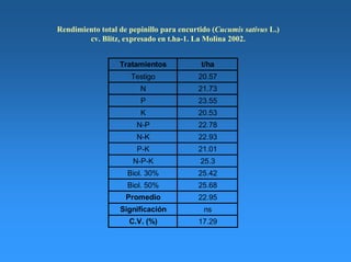 Rendimiento total de pepinillo para encurtido (Cucumis sativus L.)
cv. Blitz, expresado en t.ha-1. La Molina 2002.
Tratamientos t/ha
Testigo 20.57
N 21.73
P 23.55
K 20.53
N-P 22.78
N-K 22.93
P-K 21.01
N-P-K 25.3
Biol. 30% 25.42
Biol. 50% 25.68
Promedio 22.95
Significación ns
C.V. (%) 17.29
 
