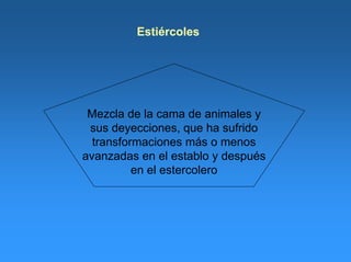 Estiércoles
Mezcla de la cama de animales y
sus deyecciones, que ha sufrido
transformaciones más o menos
avanzadas en el establo y después
en el estercolero
 