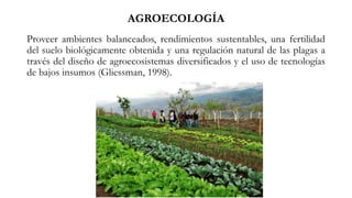 Proveer ambientes balanceados, rendimientos sustentables, una fertilidad
del suelo biológicamente obtenida y una regulación natural de las plagas a
través del diseño de agroecosistemas diversificados y el uso de tecnologías
de bajos insumos (Gliessman, 1998).
AGROECOLOGÍA
 