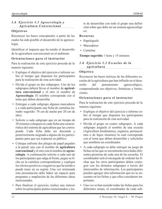 1.6 Ejercicio 1.1 Agroecología y
Agricultura Convencional
Objetivos
Reconocer las bases conceptuales a partir de las
cuales ha sido posible el desarrollo de la agroeco-
logía.
Identificar el impacto que ha tenido el desarrollo
de la agricultura convencional en el ambiente.
Orientaciones para el instructor
Para la realización de este ejercicio proceda de la
manera siguiente:
• Explique el objetivo del ejercicio e informe so-
bre el tiempo que disponen los participantes
para la realización de esta actividad.
• Divida el grupo en dos subgrupos. Uno de los
subgrupos deberá llevar el nombre de agricul-
tura convencional y el otro el nombre de
Agroecología. El nombre corresponde con el
tema que deben desarrollar.
• Entregue a cada subgrupo algunos marcadores
y a cada participante una ficha de cartulina (ta-
maño sugerido: 70 cm de ancho por 20 cm de
alto).
• Solicite a cada subgrupo que en un tiempo de
30 minutos coloquen en cada ficha una caracte-
rística del sistema de agricultura que les corres-
ponde. Cada ficha debe ser discutida y
posteriormente asignada a alguno de los partici-
pantes para que sea expuesta en público.
• Coloque enfrente dos pliegos de papel pegados
a la pared; uno con el nombre de agricultura
convencional y el otro con el nombre de agroe-
cología. A continuación solicite a cada uno de
los participantes que salga al frente, pegue su fi-
cha en la cartelera correspondiente y explique
los efectos positivos o negativos que ha tenido o
puede tener en su región. Una vez terminada
esta presentación debe haber un espacio para
preguntas o ampliación de las diferentes ideas
mencionadas.
• Para finalizar el ejercicio, realice una síntesis
sobre los principales puntos mencionados y tra-
te de desarrollar con todo el grupo una defini-
ción sobre que debe ser un sistema agroecológi-
co.
Recursos
• Papelógrafo
• Marcadores
• Cartulina
Tiempo sugerido: 1 hora y 15 minutos
1.6 Ejercicio 1.2 Escuelas de la
agricultura
Objetivo
Reconocer las bases teóricas de las diferentes es-
cuelas de la agricultura que han influido en el desa-
rrollo del pensamiento agroecológico,
comprendiendo sus objetivos, fortalezas y limita-
ciones.
Orientaciones para el instructor
Para la realización de este ejercicio proceda de la
manera siguiente:
• Explique el objetivo del ejercicio e informe so-
bre el tiempo que disponen los participantes
para la realización de esta actividad.
• Divida el grupo en cuatro subgrupos. A cada
subgrupo asígnele el nombre de una escuela
(Agricultura biodinámica, orgánica, permacul-
tura o de bajos insumos) la cual corresponde
con el tema que deben desarrollar y solicíteles
que nombren un coordinador.
• A cada subgrupo se debe entregar un juego de
fichas en las que se encontrarán mezcladas dife-
rentes premisas de cada una de las escuelas. El
coordinador será el encargado de ordenar las fi-
chas que los otros participantes deben conse-
guir con los distintos subgrupos a través del
intercambio de información. Los participantes
pueden agregar otra información que no se en-
cuentre en las fichas y que ellos consideren im-
portante.
• Una vez se han reunido todas las fichas para los
diferentes temas, el coordinador de cada sub-
12 J. Restrepo /D. Angel S. / M. Prager
Agroecología CEDAF
 