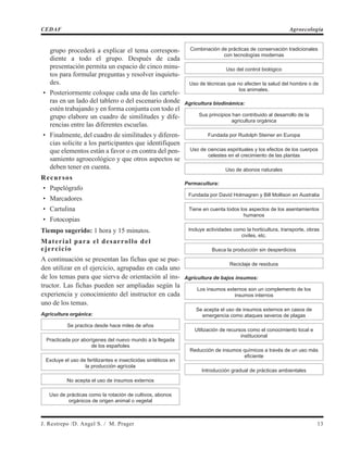 grupo procederá a explicar el tema correspon-
diente a todo el grupo. Después de cada
presentación permita un espacio de cinco minu-
tos para formular preguntas y resolver inquietu-
des.
• Posteriormente coloque cada una de las cartele-
ras en un lado del tablero o del escenario donde
estén trabajando y en forma conjunta con todo el
grupo elabore un cuadro de similitudes y dife-
rencias entre las diferentes escuelas.
• Finalmente, del cuadro de similitudes y diferen-
cias solicite a los participantes que identifiquen
que elementos están a favor o en contra del pen-
samiento agroecológico y que otros aspectos se
deben tener en cuenta.
Recursos
• Papelógrafo
• Marcadores
• Cartulina
• Fotocopias
Tiempo sugerido: 1 hora y 15 minutos.
Material para el desarrollo del
ejercicio
A continuación se presentan las fichas que se pue-
den utilizar en el ejercicio, agrupadas en cada uno
de los temas para que sierva de orientación al ins-
tructor. Las fichas pueden ser ampliadas según la
experiencia y conocimiento del instructor en cada
uno de los temas.
Agricultura orgánica:
Se practica desde hace miles de años
Practicada por aborígenes del nuevo mundo a la llegada
de los españoles
Excluye el uso de fertilizantes e insecticidas sintéticos en
la producción agrícola
No acepta el uso de insumos externos
Uso de prácticas como la rotación de cultivos, abonos
orgánicos de origen animal o vegetal
Combinación de prácticas de conservación tradicionales
con tecnologías modernas
Uso del control biológico
Uso de técnicas que no afecten la salud del hombre o de
los animales.
Agricultura biodinámica:
Sus principios han contribuido al desarrollo de la
agricultura orgánica
Fundada por Rudolph Steiner en Europa
Uso de ciencias espirituales y los efectos de los cuerpos
celestes en el crecimiento de las plantas
Uso de abonos naturales
Permacultura:
Fundada por David Holmagren y Bill Mollison en Australia
Tiene en cuenta todos los aspectos de los asentamientos
humanos
Incluye actividades como la horticultura, transporte, obras
civiles, etc.
Busca la producción sin desperdicios
Reciclaje de residuos
Agricultura de bajos insumos:
Los insumos externos son un complemento de los
insumos internos
Se acepta el uso de insumos externos en casos de
emergencia como ataques severos de plagas
Utilización de recursos como el conocimiento local e
institucional
Reducción de insumos químicos a través de un uso más
eficiente
Introducción gradual de prácticas ambientales
J. Restrepo /D. Angel S. / M. Prager 13
CEDAF Agroecología
 