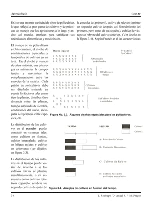 Existe una enorme variedad de tipos de policultivo,
lo que refleja la gran gama de cultivos y de prácti-
cas de manejo que los agricultores a lo largo y an-
cho del mundo, emplean para satisfacer sus
necesidades alimenticias y medicinales.
El manejo de los policultivos
es, básicamente, el diseño de
combinaciones espaciales y
temporales de cultivos en un
área. En el diseño y manejo
de estos sistemas, una estrate-
gia es minimizar la compe-
tencia y maximizar la
complementación entre las
especies de la mezcla. Cada
patrón de policultivos debe
ser diseñado teniendo en
cuenta los factores tales como
tipo de plantas, distribución o
distancia entre las plantas,
tiempo adecuado de siembra,
condiciones del suelo, alelo-
patía o repelencia entre espe-
cies, etc.
La distribución de los culti-
vos en el espacio puede
consistir en sistemas tales
como cultivos en franjas,
cultivo intercalado, cultivo
en hileras mixtas y cultivo
en coberturas (ver diseños
en figura 3.3).
La distribución de los culti-
vos en el tiempo puede va-
riar de acuerdo a si los
cultivos mixtos se plantan
simultáneamente, o en se-
cuencia como cultivos rota-
tivos (ejemplo: sembrar un
segundo cultivo después de
la cosecha del primero), cultivo de relevo (sembrar
un segundo cultivo después del florecimiento del
primero, pero antes de su cosecha), cultivo de vás-
tagos o rebrote del cultivo anterior. (Ver diseño en
la figura 3.4). Según Francis et al las características
34 J. Restrepo /D. Angel S. / M. Prager
Agroecología CEDAF
Diseño espacial 0= Cultivo 1
X= Cultivo 2
0 X X X X X X 0
0 X X X X X X 0 A)Plantación
0 X X X X X X 0 en los bordes
X X X 0 0 X X X 0 0 X X X
X X X 0 0 X X X 0 0 X X X B)Cultivos en
X X X 0 0 X X X 0 0 X X X franjas
X 0 X 0 X 0 X 0 X
X 0 X 0 X 0 X 0 X C)Cultivos
X 0 X 0 X 0 X 0 X intercalados
X 0 X X 0 X 0
0 X D) Cultivos Asociados
0 X 0 X 0 X X 0 o mezclados
0 0
X X 0 X 0 0 X
Figura No. 3.3. Algunos diseños espaciales para los policultivos.
TIEMPO SISTEMA Cultivo1
Cultivo2
A- Rotación de Cultivos
B- Plantación Discontinua
C- Cultivos de Relevo
D- Cultivos Asociados
en franjas intercaladas
Figura 3.4. Arreglos de cultivos en función del tiempo.
 