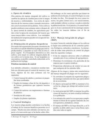 c. Epoca de siembra
Otra práctica de manejo integrado del cultivo es
cambiar las épocas de siembra para evitar el ataque
de insectos y enfermedades. Los ciclos de repro-
ducción de los insectos están a menudo sincroniza-
dos con el crecimiento de las plantas. Si los cultivos
pueden sembrarse unas semanas antes o después de
la época normal de siembra, los agricultores pue-
den evitar la época de crecimiento del insecto que
causa mayor daño a esos cultivos. Las variedades
de maduración temprana pueden así escapar del ata-
que de los insectos.
d. Eliminación de plantas hospederas
Por medio del seguimiento frecuente (monitoría) de
los cultivos se puede identificar la plaga que está re-
produciéndose o pasando su ciclo vital en otra es-
pecie vegetal. Si el hospedero alternativo es otro
cultivo, sería mejor no cultivar ninguna planta de
ese cultivo en la misma área. Si ese hospedero es
una maleza, es posible controlarla reduciendo así la
población de la plaga.
Prácticas mecánicas de control
Los métodos culturales y mecánicos resultan tam-
bién ser eficientes para el control de insectos y ma-
lezas, algunos de los más comunes son los
siguientes:
• Control manual de adultos y posturas en peque-
ñas áreas sembradas.
• Empleo de trampas a base de luz, de pegantes o
de formas geométricas que capturen insectos
adultos.
• Control de malezas con implementos o láminas
de plástico.
• Inundación del campo.
• Empleo de plantas repelentes.
e. Control biológico
Los insectos plaga pueden controlarse si se facilita
el trabajo de los insectos benéficos presentes en el
campo. Muchos de estos métodos son nuevos, res-
pecto a la innovación que se ha hecho sobre ellos.
Sin embargo, en las zonas agrícolas que tienen un
ambiente diversificado, el control biológico es cosa
de todos los días. Por ejemplo las aves comen in-
sectos, los gatos comen aves y así sucesivamente,
cada predador obtiene su presa y ayuda a controlar
la población de ésta. En la práctica, el control bioló-
gico es el uso o promoción de los enemigos natura-
les sobre los insectos dañinos con el fin de
reducirlos.
3.9.3 Manejo integrado de plagas
(MIP)
La mejor forma de controlar plagas en los cultivos
es lograr una combinación de los controles quími-
cos, biológicos, culturales y mecánicos. La interac-
ción de todas estas prácticas de control de plagas
tiene las siguientes ventajas:
• Evita los impactos adversos sobre el ambiente
causados por el uso continuo de agroquímicos.
• Disminuye la resistencia a los pesticidas de las
especies que se quiere erradicar.
• Proporciona alternativas de control en caso de
que cualquiera de los métodos falle.
Algunos de los rasgos y metas más característicos
del manejo integrado de plagas son los siguientes:
• Se considera el conjunto de organismos plaga y
de enemigos naturales de éstos que opera dentro
de un ecosistema.
• El objetivo principal del MIP es mantener el ni-
vel de las plagas por debajo del umbral econó-
mico.
• La meta principal del MIP es manejar las pobla-
ciones de insectos y no tanto erradicar totalmen-
te su población.
• Los métodos de control se escogen para comple-
mentar el efecto de los agentes naturales de con-
trol (parásitos, predadores, clima).
• El manejo del MIP es de larga duración, y en lo
posible, no debe cubrir una o varias fincas o pre-
dios sino toda su región.
J. Restrepo /D. Angel S. / M. Prager 47
CEDAF Agroecología
 