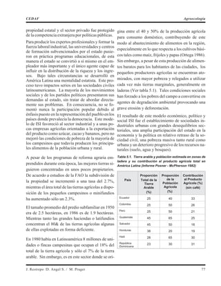 propiedad estatal y el sector privado fue protegido
de la competencia extranjera por políticas públicas.
Para producir los expertos profesionales y formar la
fuerza laboral industrial, las universidades y centros
de formación subvencionados por el estado pusie-
ron en práctica programas educacionales, de esta
manera el estado se convirtió a sí mismo en el em-
pleador más importante y el único agente capaz de
influir en la distribución de la riqueza y los ingre-
sos. Bajo tales circunstancias se desarrolló en
América Latina una mentalidad estatista. Este pro-
ceso tuvo impactos serios en las sociedades civiles
latinoamericanas. La mayoría de los movimientos
sociales y de los partidos políticos presentaron sus
demandas al estado, sin tratar de abordar directa-
mente sus problemas. En consecuencia, no se fo-
mentó nunca la participación popular debido al
énfasis puesto en la representación del pueblo en los
países donde prevalecía la democracia. Este mode-
lo de ISI favoreció al sector industrial y a unas po-
cas empresas agrícolas orientadas a la exportación
del producto como azúcar, cacao y bananos, pero no
mejoró las condiciones de pobreza de la mayoría de
los campesinos que todavía producen los principa-
les alimentos de la población urbana y rural.
A pesar de los programas de reforma agraria em-
prendidos durante esta época, las mejores tierras si-
guieron concentradas en unos pocos propietarios.
De acuerdo a estudios de la FAO la subdivisión de
la propiedad se incrementó a una tasa del 2.7%,
mientras el área total de las tierras agrícolas a dispo-
sición de los pequeños campesinos o minifundios
ha aumentado sólo un 2.3%.
El tamaño promedio del predio subfamiliar en 1950
era de 2.5 hectáreas, en 1986 es de 1.9 hectáreas.
Mientras tanto las grandes haciendas o latifundios
concentran el 80& de las tierras agrícolas algunas
de ellas explotadas en forma deficiente.
En 1980 había en Latinoamérica 8 millones de uni-
dades o fincas campesinas que ocupan el 18% del
total de la tierra agrícola y sólo el 7% de la tierra
arable. Sin embargo, es en este sector donde se ori-
gina entre el 40 y 50% de la producción agrícola
para consumo doméstico, contribuyendo de este
modo al abastecimiento de alimentos en la región,
especialmente en lo que respecta a los cultivos bási-
cos tales como maíz, frijoles y papas (Ortega 1986).
Sin embargo, a pesar de esta producción de alimen-
tos baratos para los habitantes de las ciudades, los
pequeños productores agrícolas se encuentran ato-
mizados, con mayor pobreza y relegados a utilizar
cada vez más tierras marginales, generalmente en
laderas (Ver tabla 5.1). Tales condiciones sociales
han forzado a los pobres del campo a convertirse en
agentes de degradación ambiental provocando una
grave erosión y deforestación.
El resultado de este modelo económico, político y
social ISI fue el establecimiento de sociedades in-
dustriales urbanas con grandes desequilibrios sec-
toriales, una amplia participación del estado en la
economía y la política en relativo retraso de la so-
ciedad civil, una pobreza masiva tanto rural como
urbana y un deterioro progresivo de los recursos na-
turales (suelo, agua y bosques).
Tabla 5.1. Tierra arable y población estimada en zonas de
ladera y su contribución al producto agrícola total en
América Latina (Informe Posner - McPherson 1982)
País
Proporción
Total de la
Tierra
Arable
(%)
Proporción
de la
Población
Agrícola
(%)
Contribución
al Producto
Agrícola (%)
(sin café)
Ecuador 25 40 33
Colombia 25 50 26
Perú 25 50 21
Guatemala 45 65 25
Salvador 45 50 18
Honduras 38 20 19
Haití 28 65 30
República
Dominicana
23 30 31
J. Restrepo /D. Angel S. / M. Prager 77
CEDAF Agroecología
 