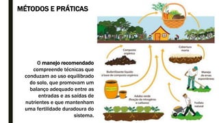 MÉTODOS E PRÁTICAS
O manejo recomendado
compreende técnicas que
conduzam ao uso equilibrado
do solo, que promovam um
balanço adequado entre as
entradas e as saídas de
nutrientes e que mantenham
uma fertilidade duradoura do
sistema.
 