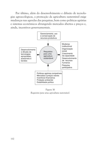 Por último, além do desenvolvimento e difusão de tecnolo-
gias agroecológicas, a promoção da agricultura sustentável exige
mudanças nas agendas das pesquisas, bem como políticas agrárias
e sistemas econômicos abrangendo mercados abertos e preços e,
ainda, incentivos governamentais.




                                 Figura 16
                Requisitos para uma agricultura sustentável.




112
 