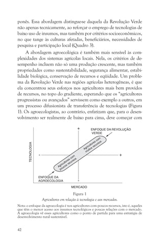 ponês. Essa abordagem distingue-se daquela da Revolução Verde
não apenas tecnicamente, ao reforçar o emprego de tecnologias de
baixo uso de insumos, mas também por critérios socioeconômicos,
no que tange às culturas afetadas, beneficiários, necessidades de
pesquisa e participação local (Quadro 3).
     A abordagem agroecológica é também mais sensível às com-
plexidades dos sistemas agrícolas locais. Nela, os critérios de de-
sempenho incluem não só uma produção crescente, mas também
propriedades como sustentabilidade, segurança alimentar, estabi-
lidade biológica, conservação de recursos e eqüidade. Um proble-
ma da Revolução Verde nas regiões agrícolas heterogêneas, é que
ela concentrou seus esforços nos agricultores mais bem providos
de recursos, no topo do gradiente, esperando que os “agricultores
progressistas ou avançados” ser vissem como exemplo a outros, em
um processo difusionista de transferência de tecnologias (Figura
1). Os agroecologistas, ao contrário, enfatizam que, para o desen-
volvimento ser realmente de baixo para cima, deve começar com




                                      Figura 1
                 Agricultores em relação à tecnologia e aos mercados.
Nota: o enfoque da agroecologia é nos agricultores com poucos recursos, isto é, aqueles
que têm o menor acesso aos insumos tecnológicos e poucas relações com o mercado.
A agroecologia vê esses agricultores como o ponto de partida para uma estratégia de
desenvolvimento rural sustentável.


42
 